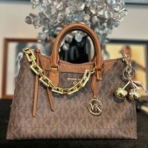 Michael Kors Brown Monogram Satchel with Gold Chain Detail
